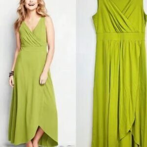 Lands End Chartreuse Maxi Dress Wrap Style Asymmetrical Hem Wedding Guest 14 L